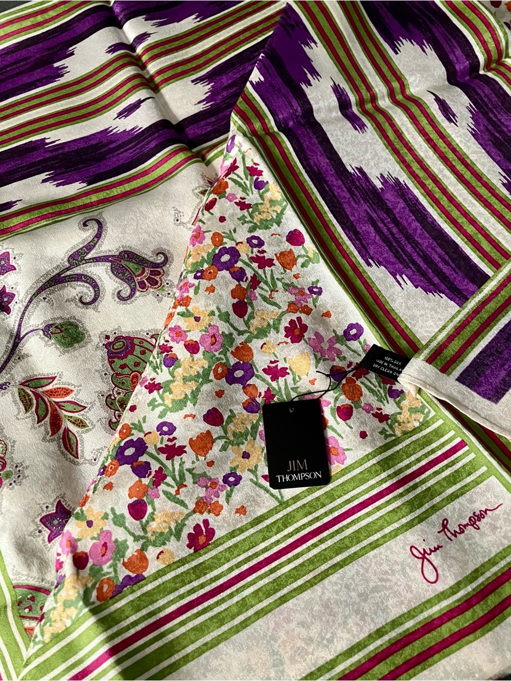Rare Jim Thompson Thai Silk Scarf in Floral, Paisley, Striped NWT